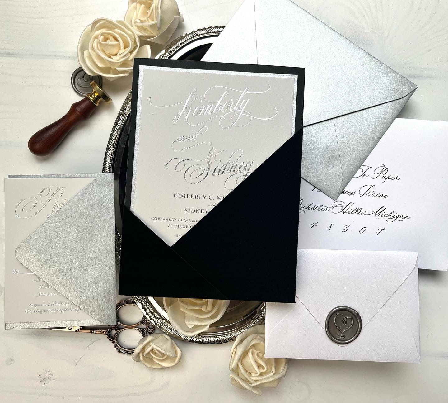 Black Velvet Pocket Silver Foil Wedding Invitations