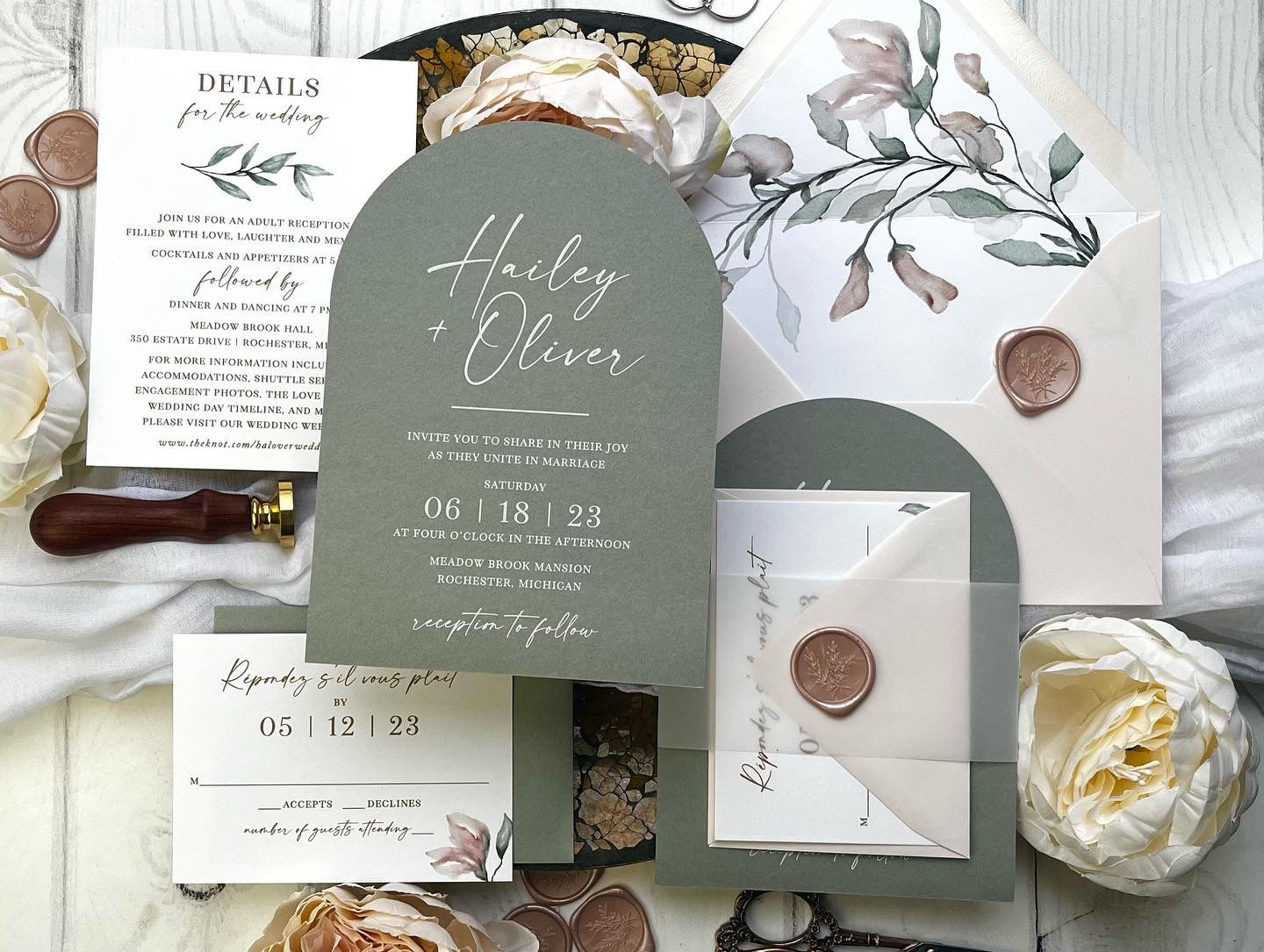 Arch Invitations, Curved Invitations, Sage Invites, Sage and Blush Invites, Sage Green Invites