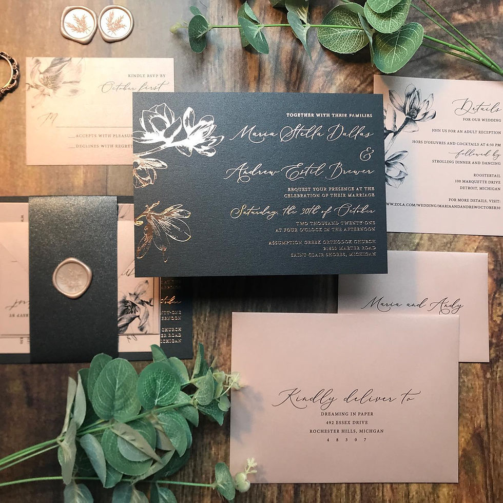 Thumbnail: Gold foil wedding invitations