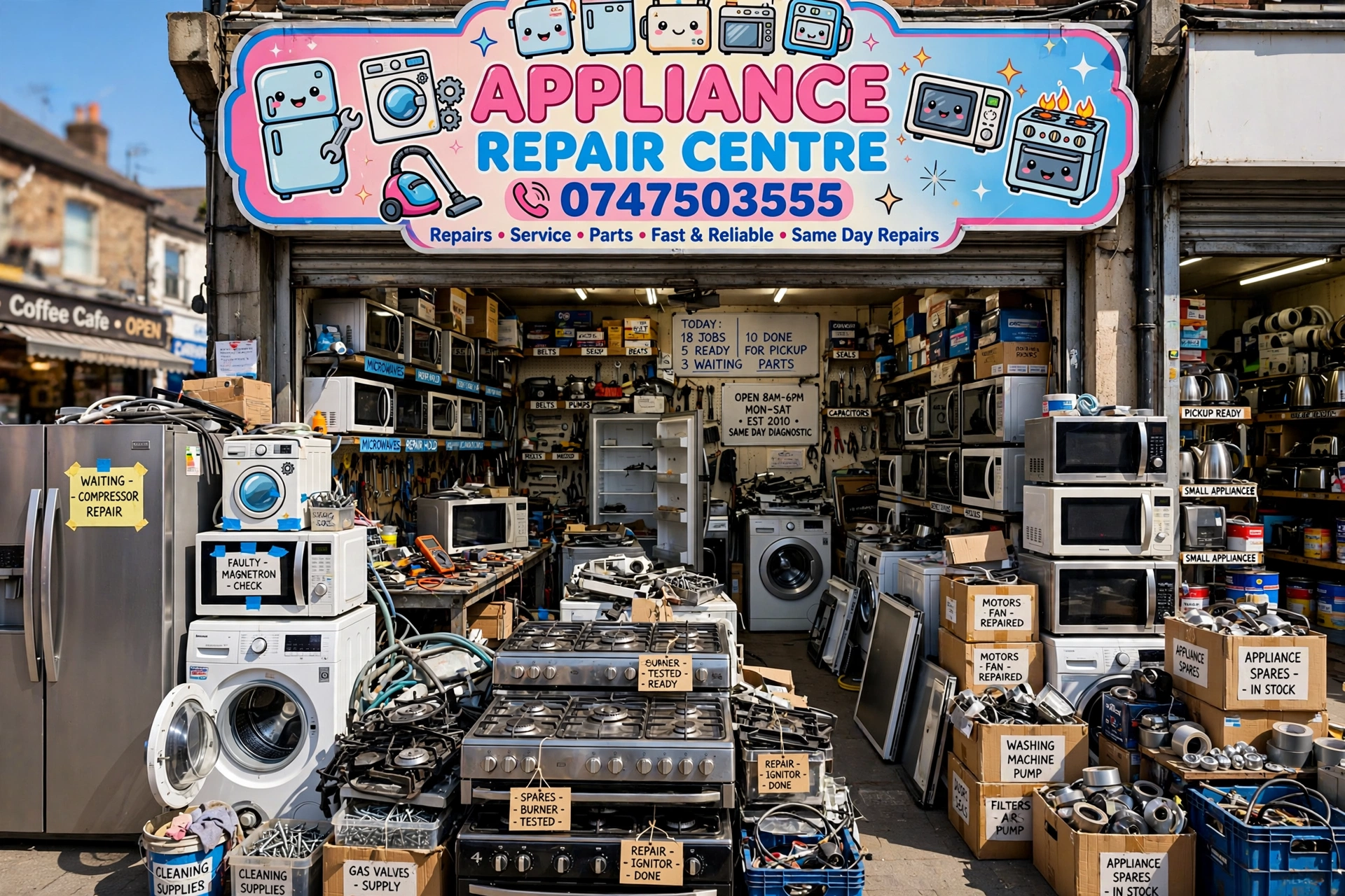BA Appliances workshop interior with appliances and spare parts