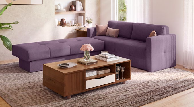 Purple Cubicon sectional sofa with a wooden coffee table.