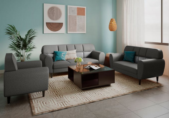 Modern grey Bobbin sofa set in a living room