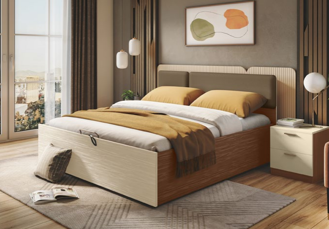 Elemy modern bed with mustard pillows and wooden headboard