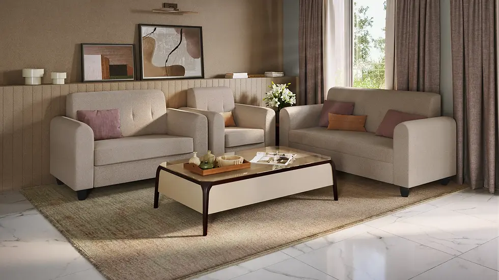 Modern beige sofa set and coffee table in a living room