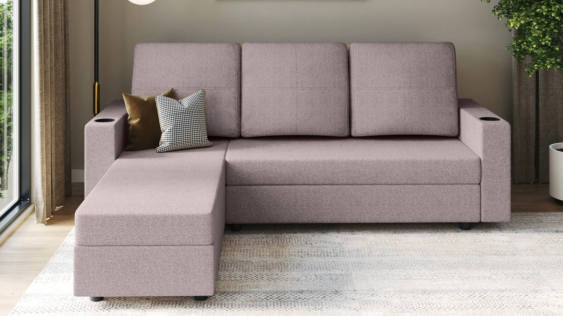 Lift Up mauve sectional sofa with reversible chaise