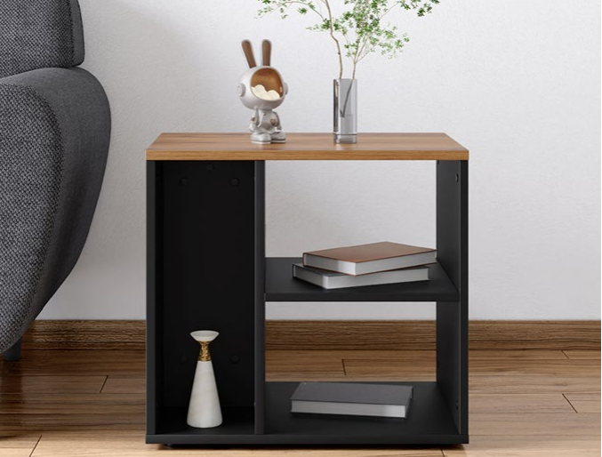 Small black and wood Gracia side table with shelves