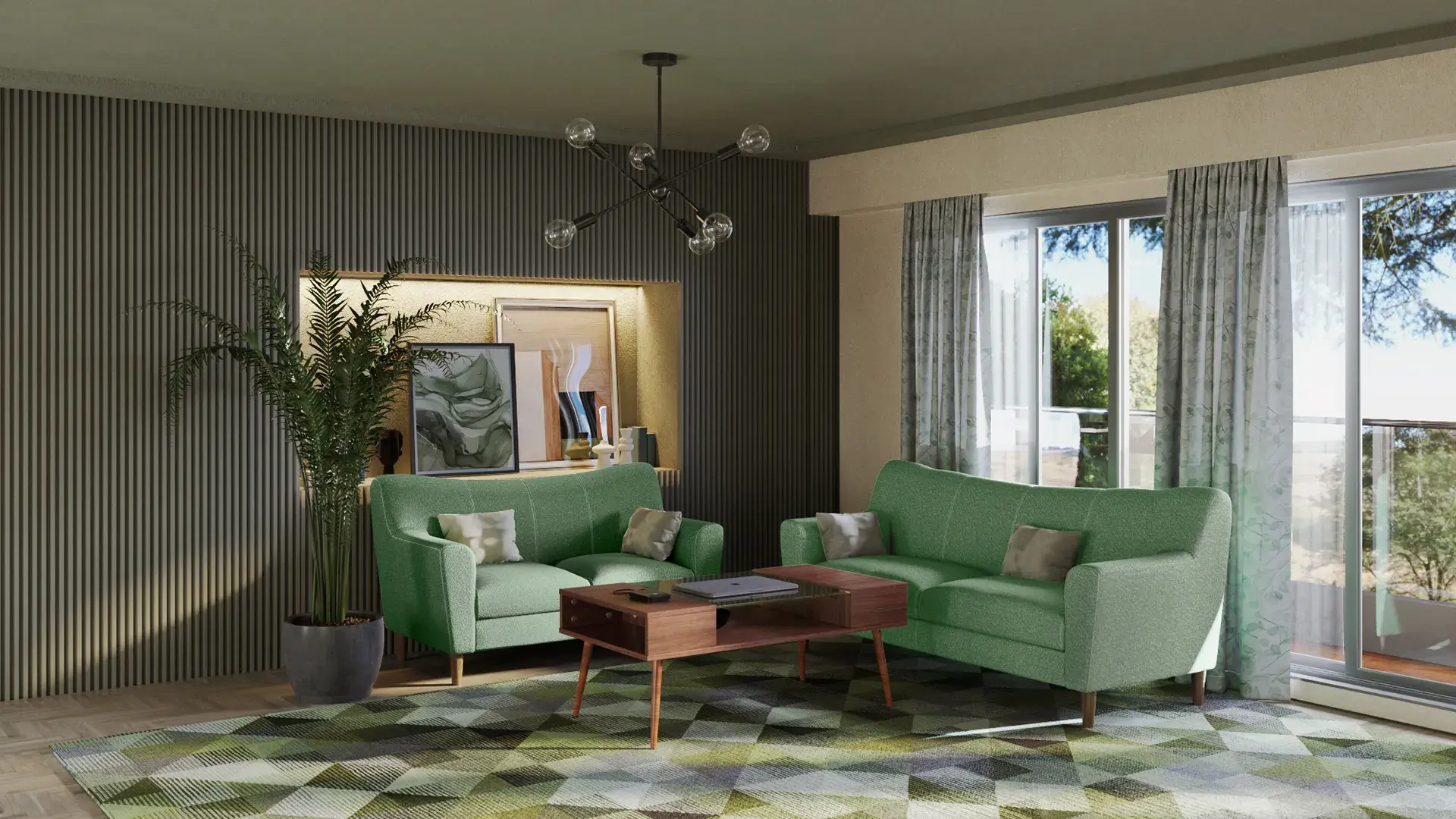 Modern living room with green sofas and wooden coffee table