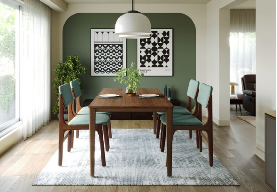 Atlantis Dining Table with four green upholstered chairs
