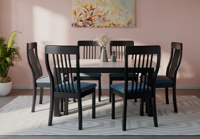 Allure dining table with six black slatted-back chairs