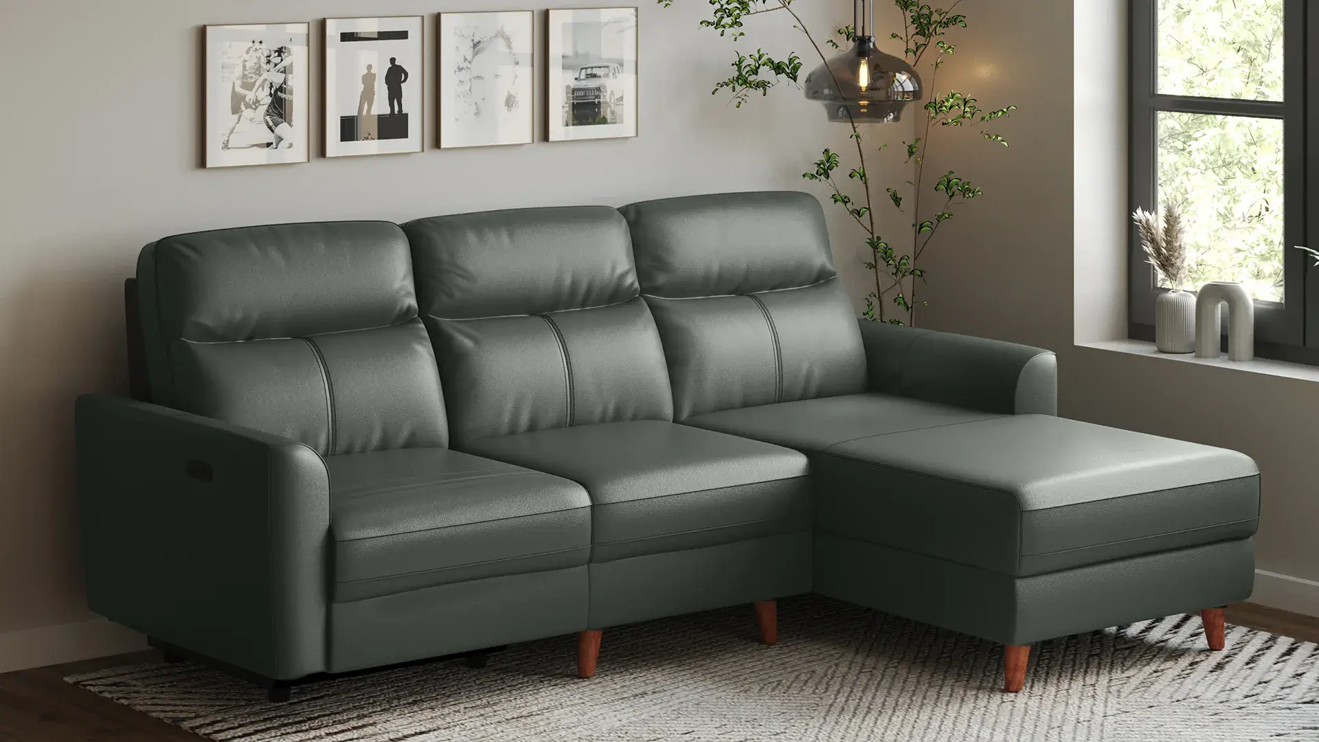 Modern grey leather sectional sofa in a living room