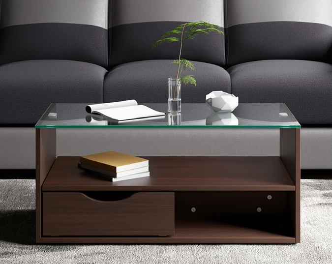 Modern Dual coffee table with glass top and wood shelf