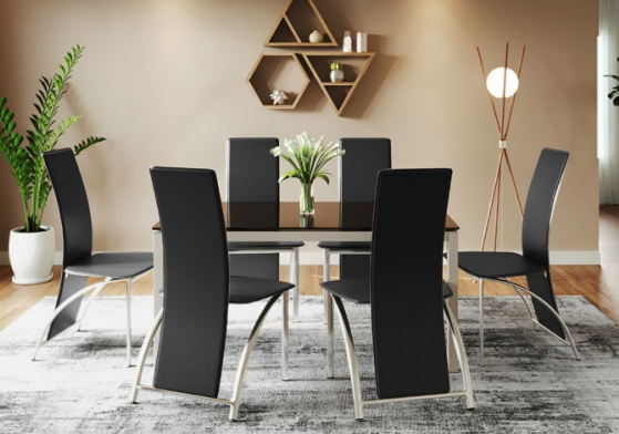 Mod Knight dining table with six black high-back chairs