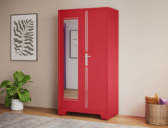 Centurion Plus red metal wardrobe with mirror in a room.