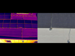 Split-Screen-Aufnahme einer Photovoltaikanlage aus der Luft. Links ein Infrarot-Thermografiebild in Violett- und Gelbtönen, rechts das hochauflösende Farbbild (RGB) der Solarmodule auf einem flachen Dach.