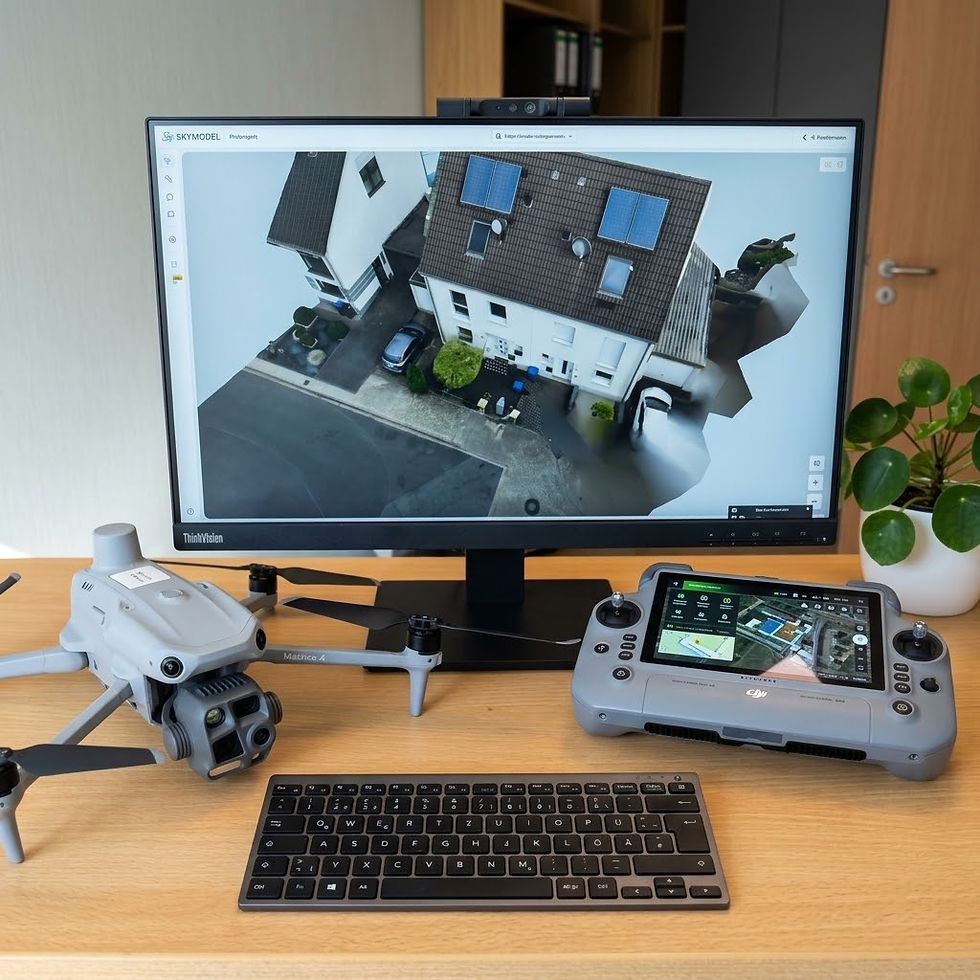Blick auf einen Schreibtisch im Homeoffice. Auf dem großen Monitor läuft die Auswertungssoftware von Skymodel mit dem 3D-Modell eines Wohnhauses inklusive geplanter Solarmodule. Davor sind eine kompakte Tastatur, die Enterprise-Drohne DJI Matrice 4T sowie die zugehörige Fernsteuerung mit Display platziert.