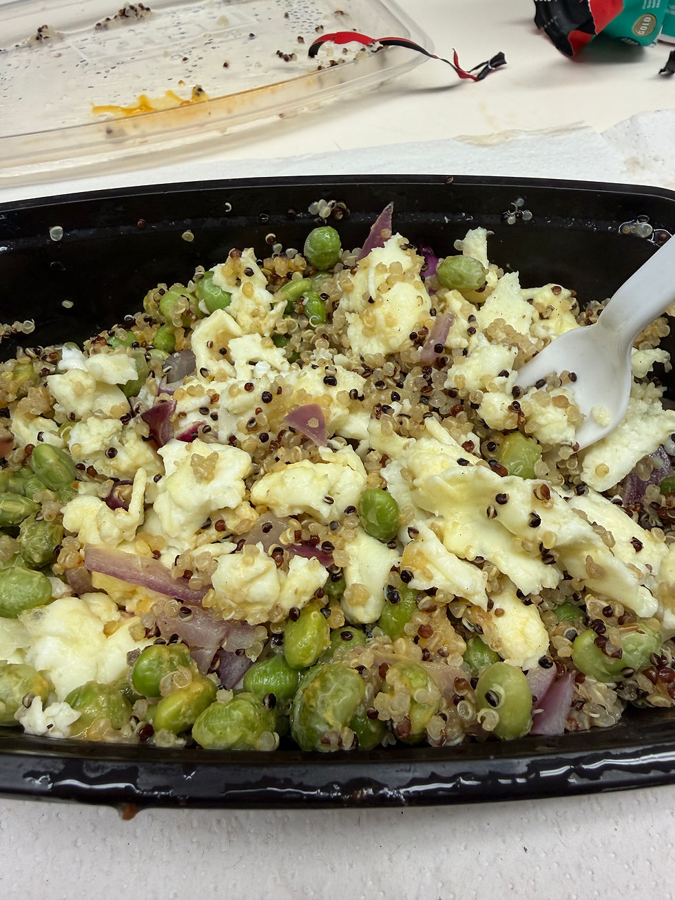 A vegetarian concoction. Truthfully, I just throw stuff together and...voila! It ends up tasting pretty good. (Endamame, quinoa, egg whites, onions)
