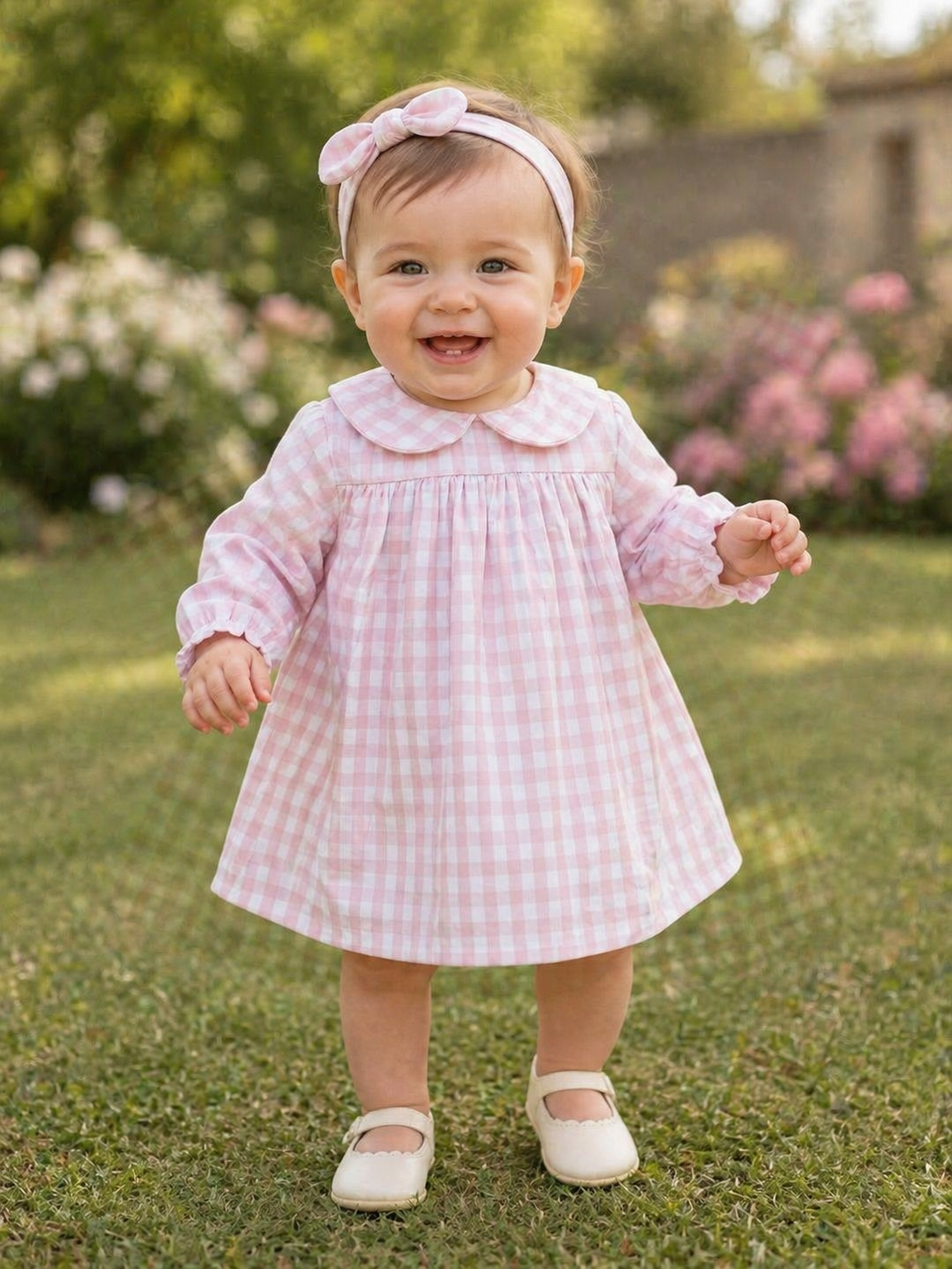 Pastel Gingham Baby Frock with Headband- Pink