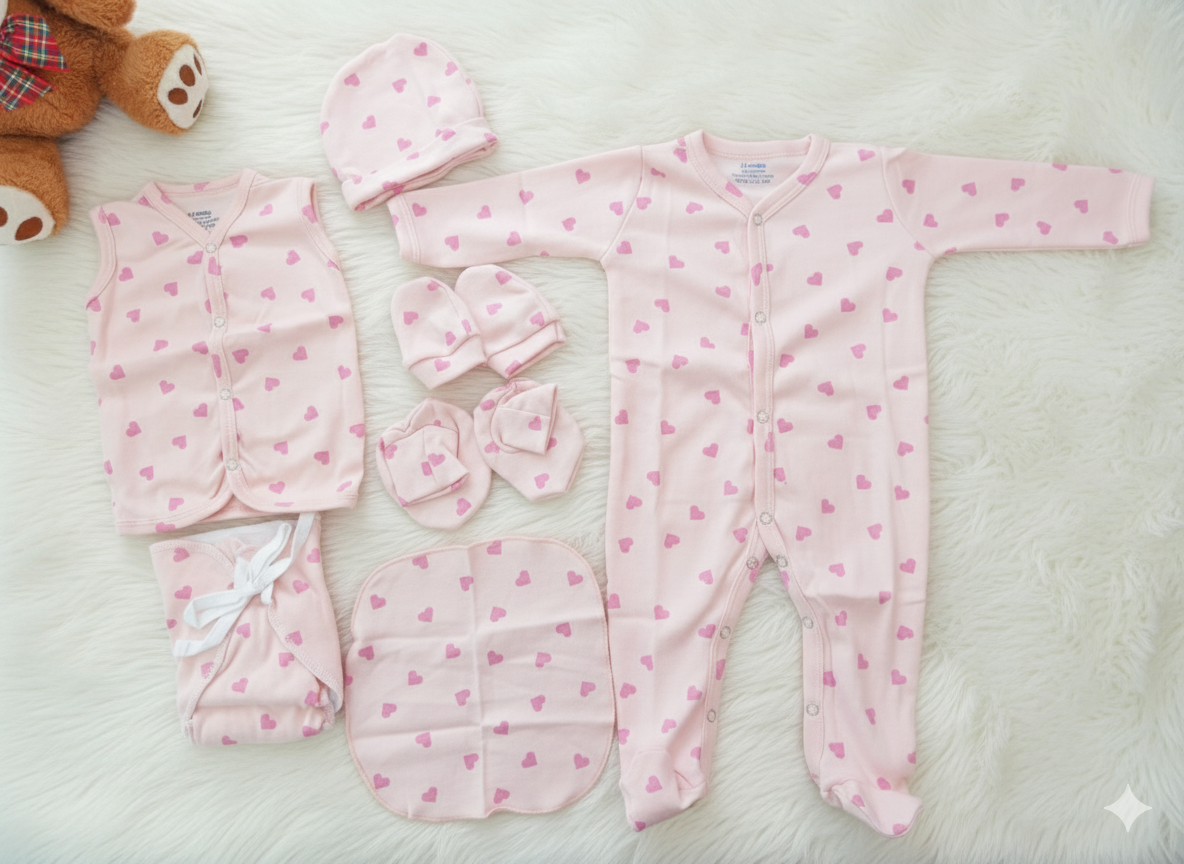 Organic cotton 7 pc New born set - Pink Heart