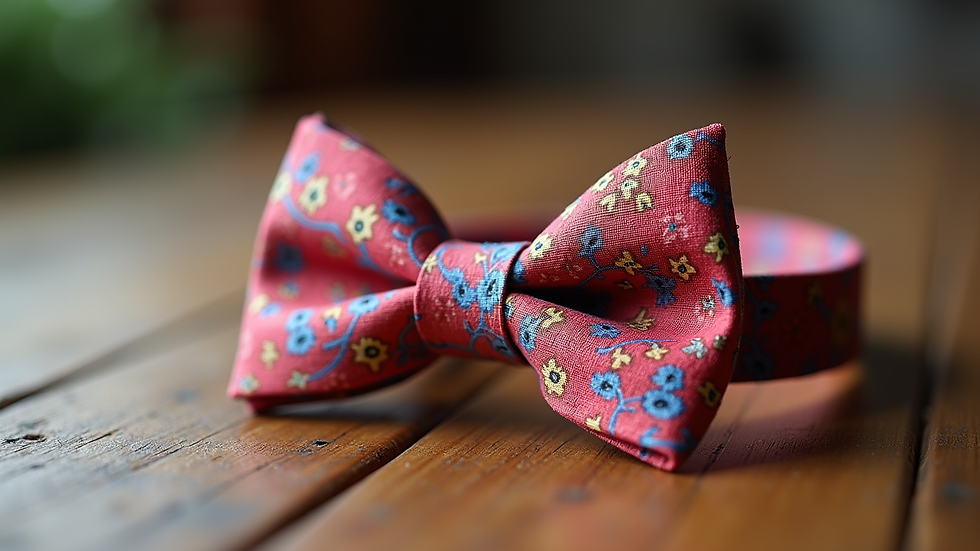 Close-up view of a colorful liberty fabric bow tie on a wooden table