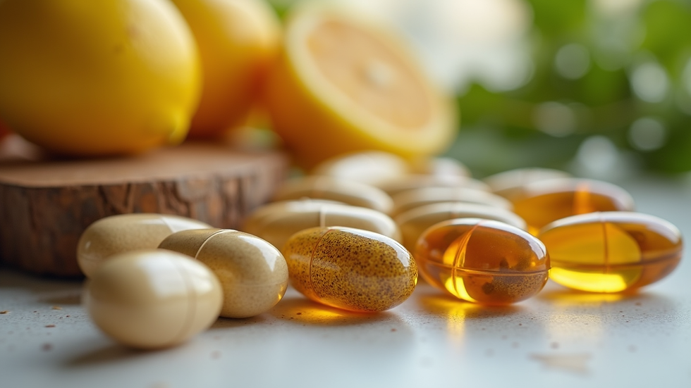 Eye-level view of supplement capsules and natural ingredients