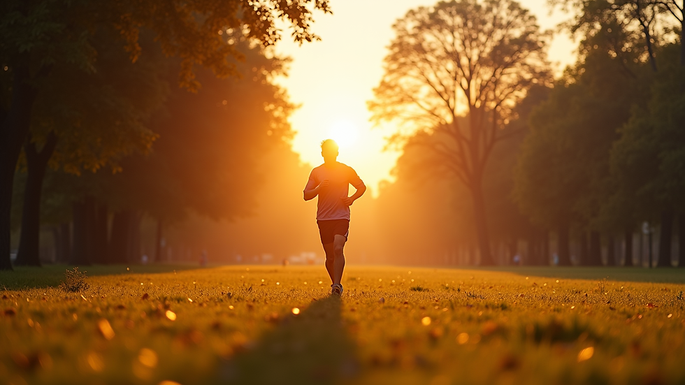 Eye-level view of a person jogging in a park during sunrise