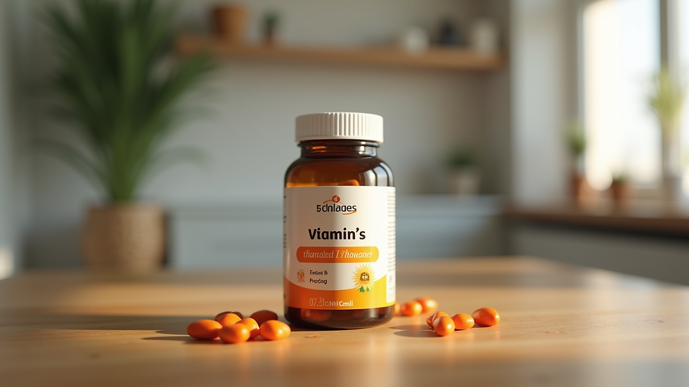 Close-up view of a bottle of children's vitamin supplements on a wooden table