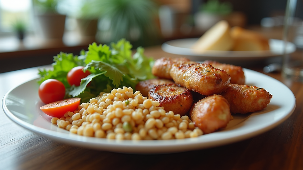 Eye-level view of a balanced meal with vegetables, protein, and grains on a plate