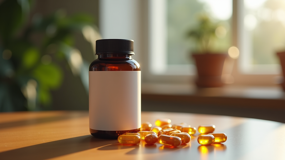 Close-up view of a supplement bottle with capsules on a wooden table