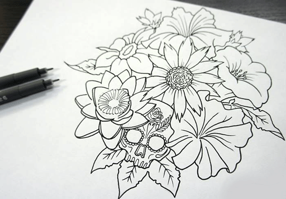 dibujo-ramo-de-flores-y-calabera-tatuaje