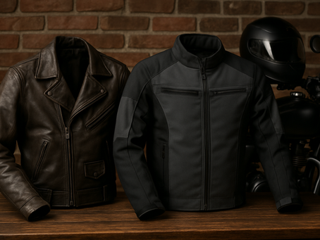 Une tenue en cuir et une tenue de moto en textile.