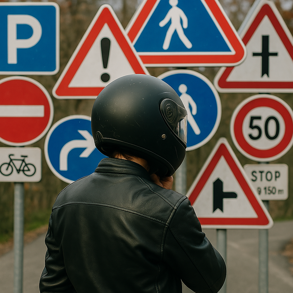Un motard devant des panneaux de circulation français.