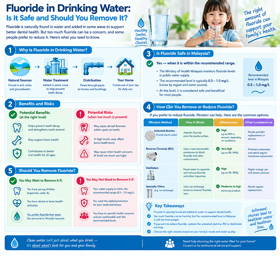 Infographic explaining fluoride in drinking water, its potential benefits and risks, recommended levels in Malaysia, and filtration methods for reducing fluoride.