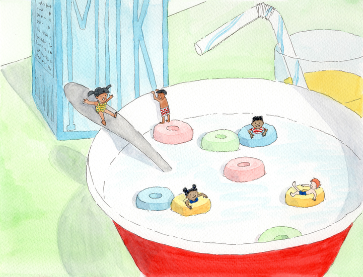 Cartoon illustration of five children who are about half an inch tall, floating in a bowl of fruity cereal. One girl is sliding down a spoon as though it were a slide.