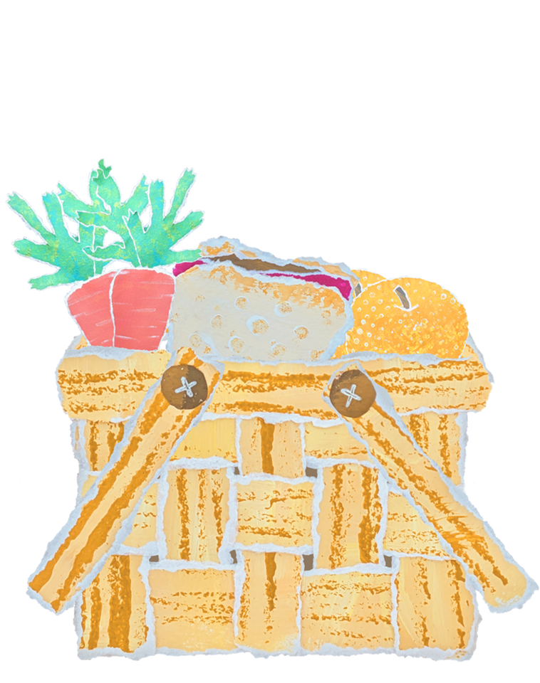 Picnic basket illustration with carrots, PB&J, and an Asian pear showing out of the top.