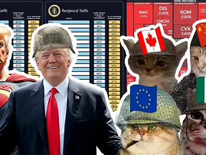 Donald trump as a hero soldier and China, Mexico, the EU and Canada as cats wearing soldier helmets in the tariff war