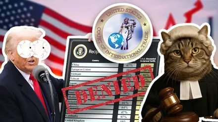 Donald Trump holding up tariff board with a huge DENIED stamps from a cat judge who is working for the United States Court of international trade
