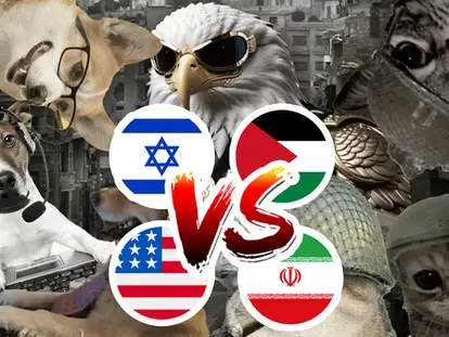 Isreal vs Palestine and US vs Iran as cats fight in the background and dogs trade
