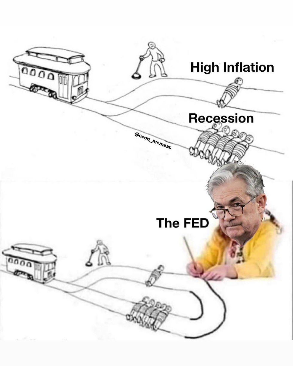 Trolly dilemma meme with Jerome Powell deciding between high inflation or recession and he is choosing both