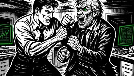 Ken Dalestick fighting a zombie like CEO noir style black and white comic book drawing