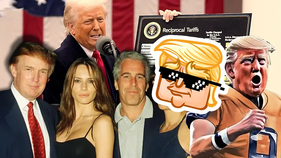 collage Trump with Jeffrey Epstein, on football gear and holding the tariff board