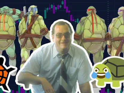 Richard Dennis and the turtle traders drawn as the Teenage Mutant Ninja Turtles