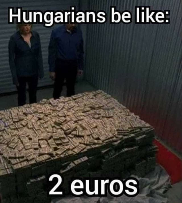 Scarlet and Walter White standing infant of a huge pile of cash saying: Hungarians be like 2 euros meme