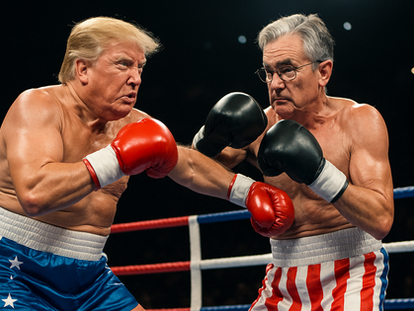 Donald Trump and Jerome Powell fight in the boxing ring