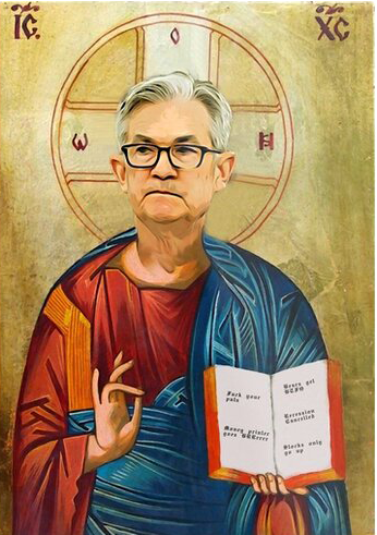Jerome Powell caricature as a saint