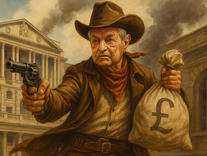 George Soros (Soros György) as a cowboy breaking the bank of england