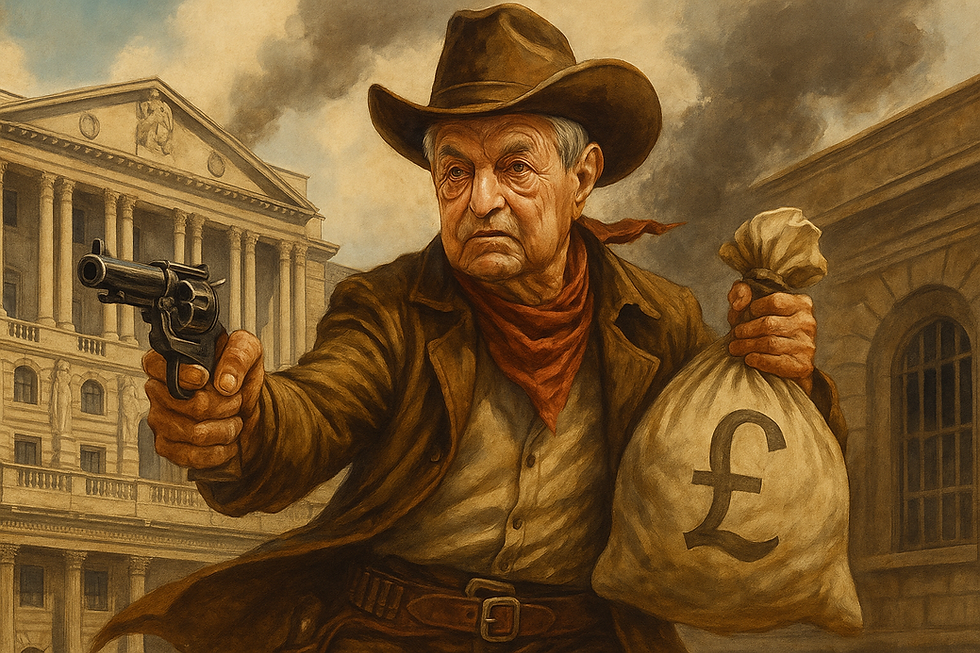 George Soros (Soros György) as a cowboy breaking the bank of england