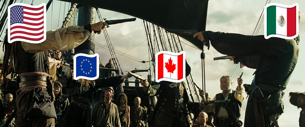 Pirates of the Caribbean meme where 4 captains pointing guns at each other representing, Mexico, USA, Canada, and the EU
