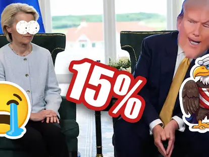 Donald Trump as chad Ursula von der Leyen crying