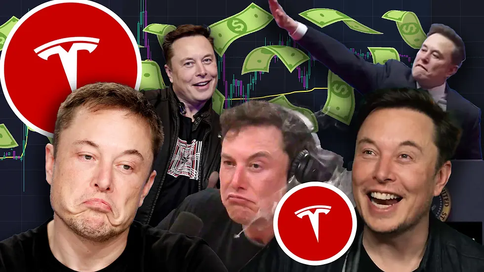 collage of funny meme Elon musk images and Tesla logos