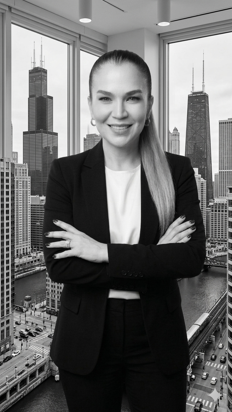 Black-and-white professional portrait of a confident woman in a blazer, arms crossed, standing in a high-rise office overlooking a city skyline and river. Vertical portrait composition.